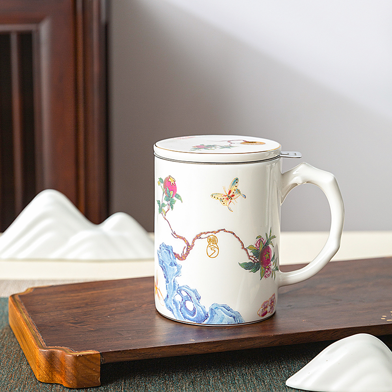 Gao Chun Ceramics高淳陶瓷茶杯家用中式带盖办公骨瓷茶水杯带滤茶杯伴手礼盒装高清大图