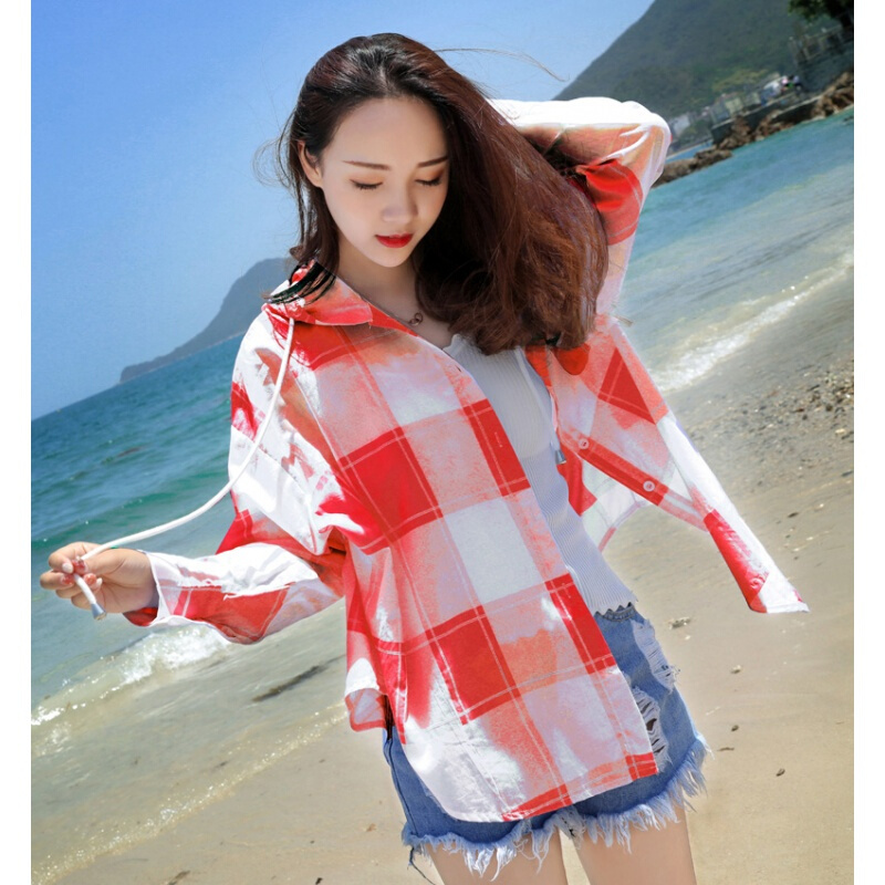 2018夏季新款防晒衣女韩版防晒服中长款开衫格子衬衫百搭薄外套潮