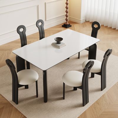 青木川 简约现代实木餐桌椅组合客厅餐厅家用岩板餐桌小户型多功能四人六人中古风吃饭桌子 雪上白岩板 1.4米长餐桌＋六椅