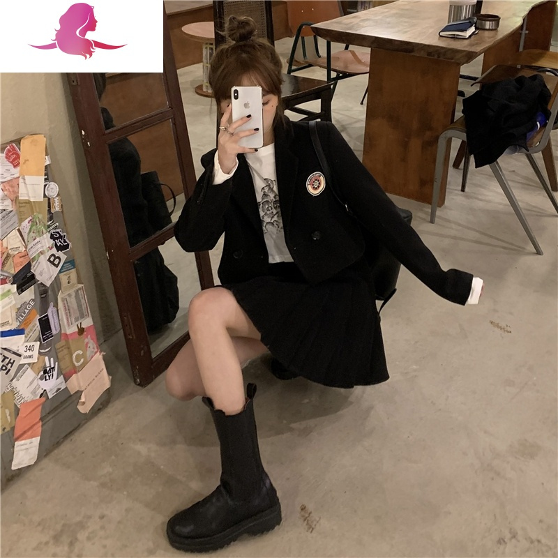 艳如飞学院风约会小个子显高套装女百褶半身裙+毛呢西装外套两件套洋气套装