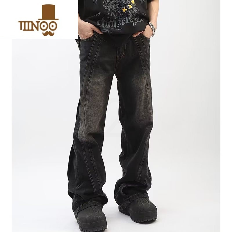 YANXU美式高街oversize拼接牛仔裤男设计感青年宽松直筒阔垂感腿长裤r高清大图