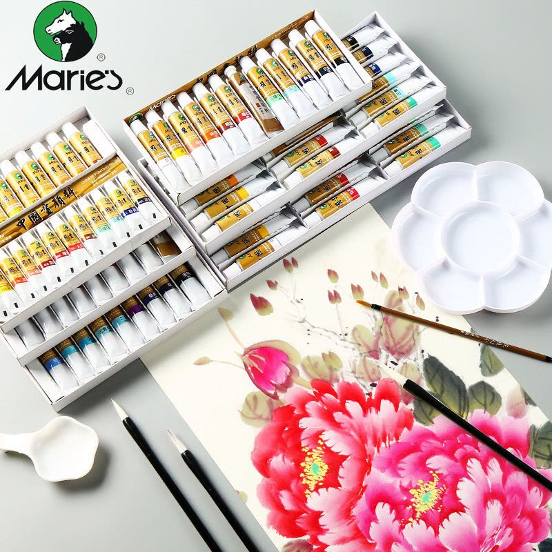 国画颜料12色24色36色初学者入门中国画山水墨画工具毛笔宣纸图片