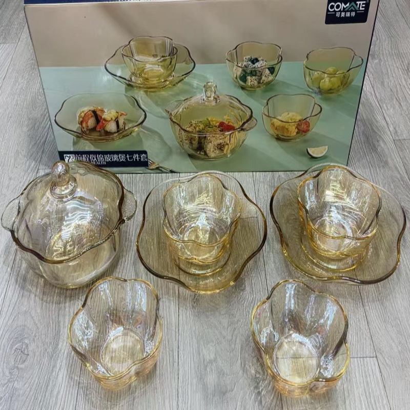 耐高温玻璃餐具套装碗碟套装沙拉碗甜品碗水果碗玻璃煲十二件套