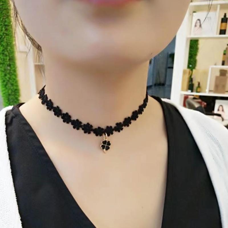脖子饰品锁骨链女黑色颈带蕾丝四叶草项链颈饰脖子链项圈女choker 四叶草-颈链