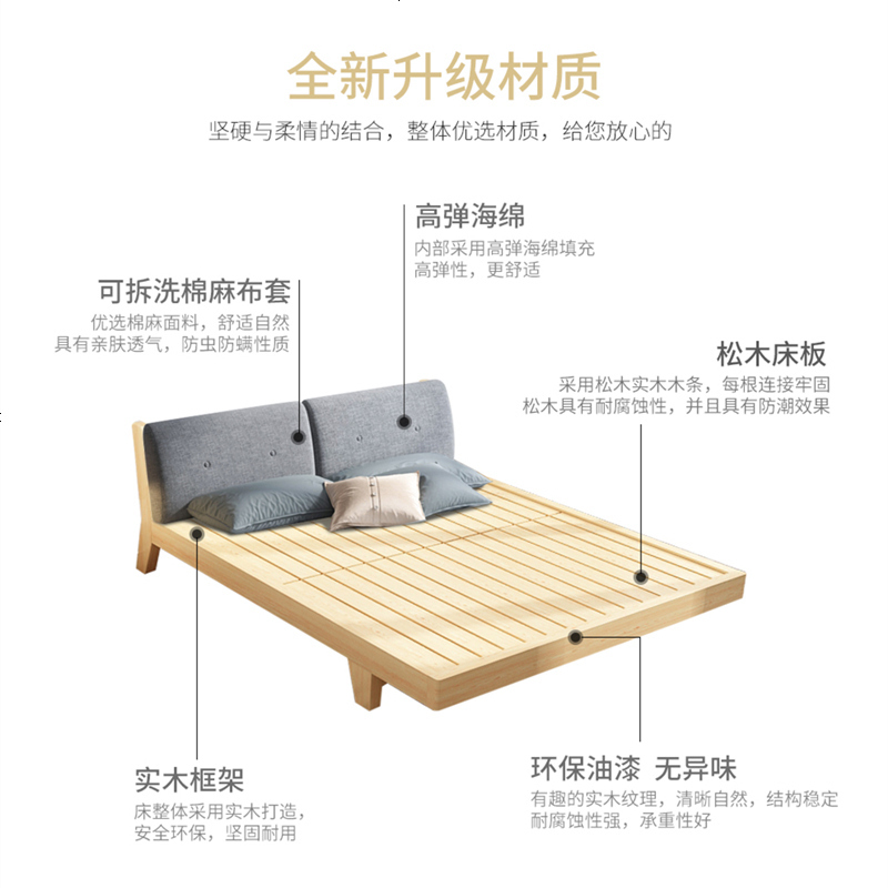 现代简约实木床主卧1.8米双人床1.5m北欧式软靠床1.2松木宜情家具