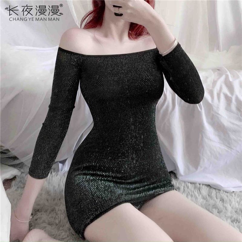 长夜漫漫情趣内衣性感弹力亮丝面料风骚夜店裸肩短裙一件代发1077高清大图