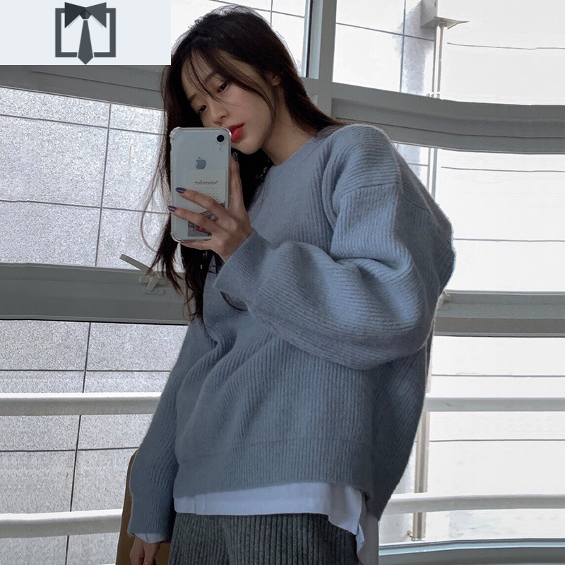 SUNTEK韩国chic秋冬温柔圆领套头宽松纯色保暖长袖百搭厚实针织毛衣女毛衣