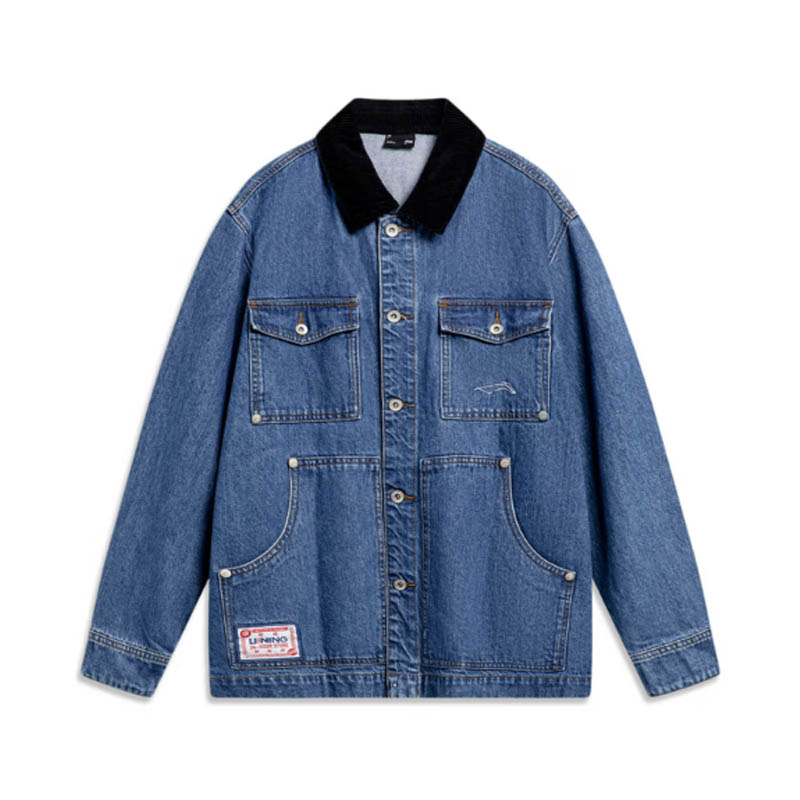 李宁LI-NING/李宁男子滑板系列宽松休闲运动水洗牛仔外套AJDU071 AJDU071-2中蓝色牛仔 蓝色 L