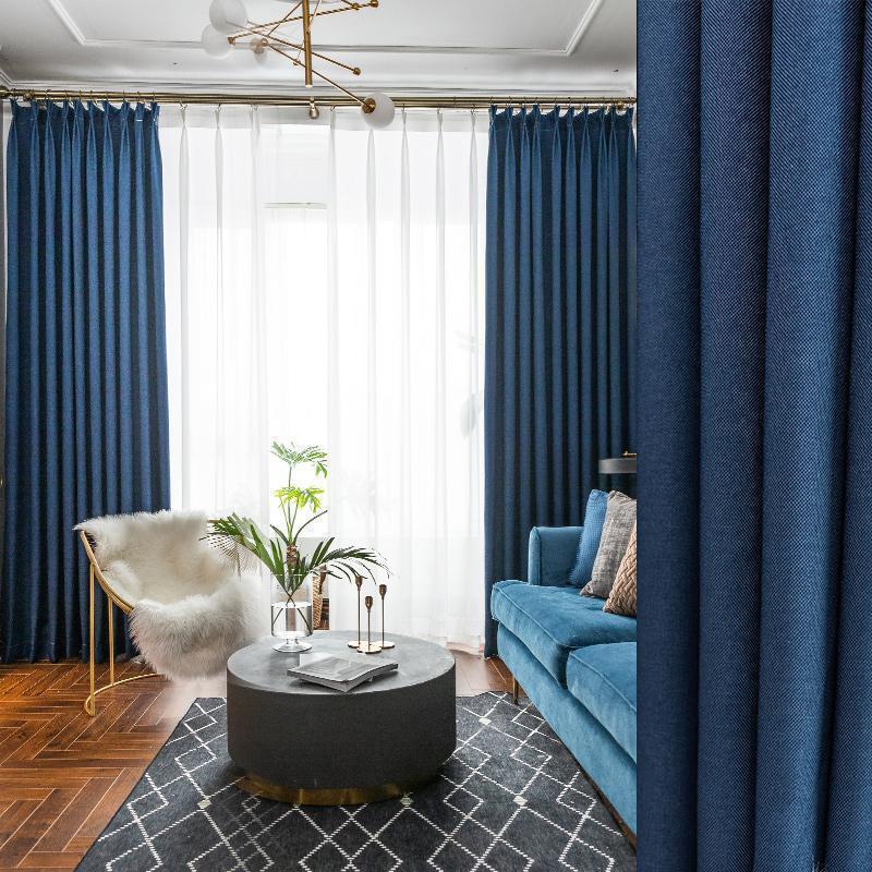 家柏饰(CORATED)北欧遮阳隔热棉麻窗帘布定制客厅卧室阳台落地飘窗全遮光窗帘成品 深蓝色 2.0米宽x2.7米高，打孔一片