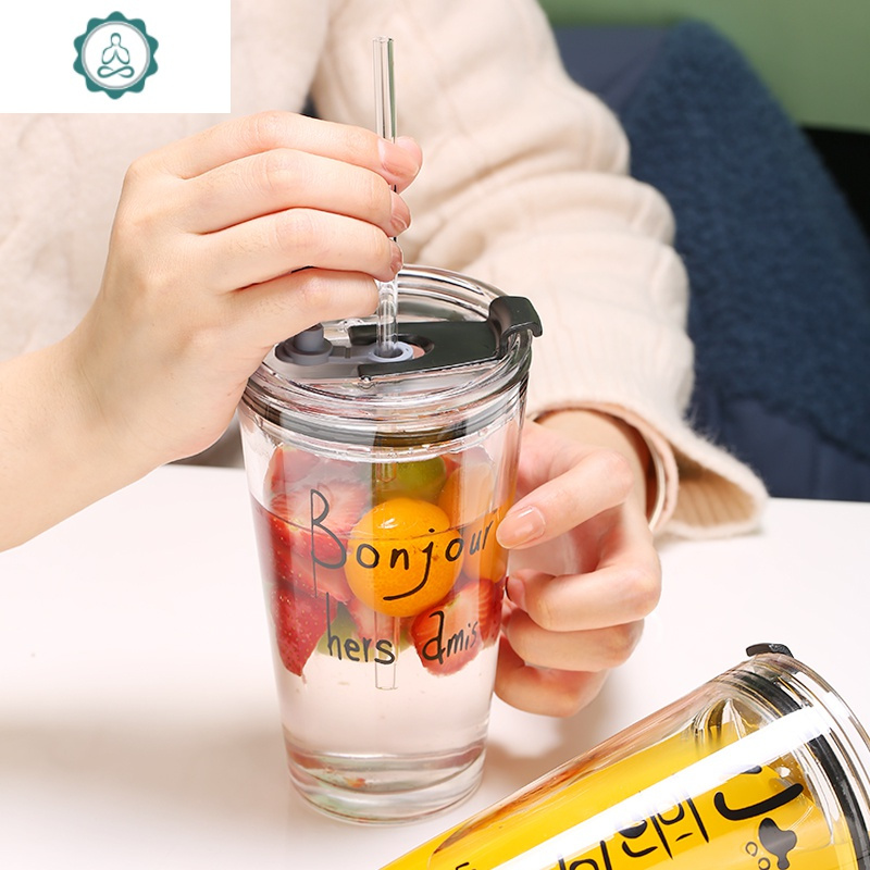 网红ins玻璃杯简约清新带吸管杯家用水杯创意个性杯子可爱女森系 封后 小哥哥+杯盖+玻璃吸管