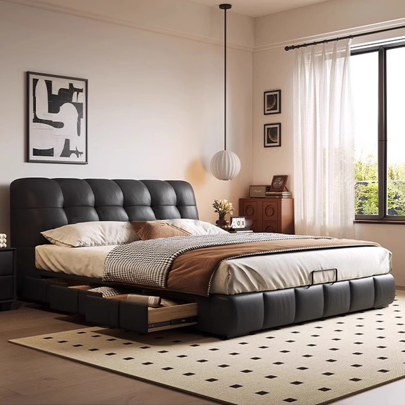 意式真皮床轻奢现代简约双人床主卧室黑色储物床家用软包实木婚床高清大图