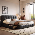 意式真皮床轻奢现代简约双人床主卧室黑色储物床家用软包实木婚床