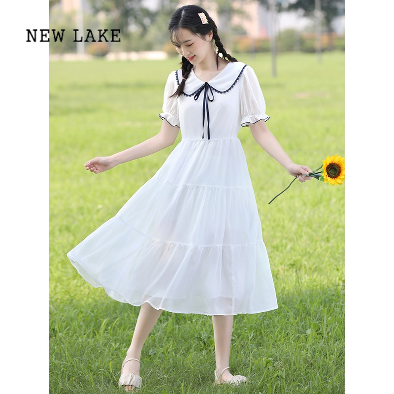new lake夏初中生连衣裙学生大童少女学院风高中生白色雪纺女生长裙女