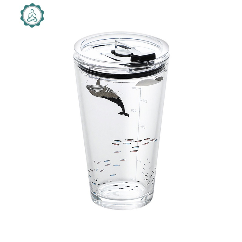 便携带刻度玻璃水杯儿童早餐杯子家用玻璃杯茶杯夏天果汁杯牛奶杯 封