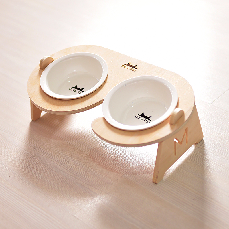 宠物餐桌斜口保护颈椎陶瓷猫碗猫咪食盆狗饭碗猫粮双碗狗狗碗用品 (陶瓷碗)双碗+餐桌架 适用猫咪或小型犬