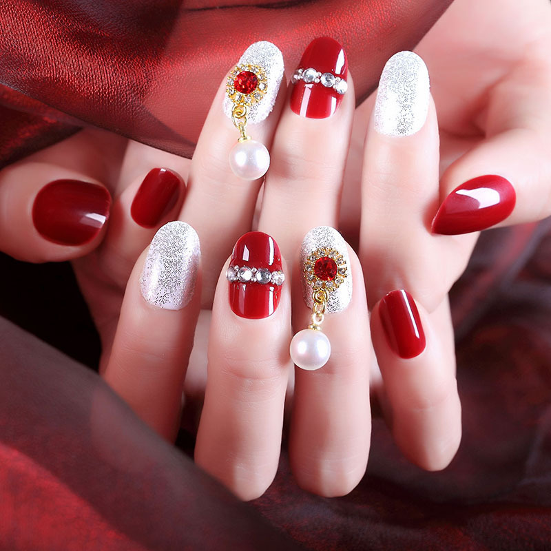假指甲贴片结婚美甲成品可拆卸式穿戴酒红甲洛滑新娘孕妇可用防水持久