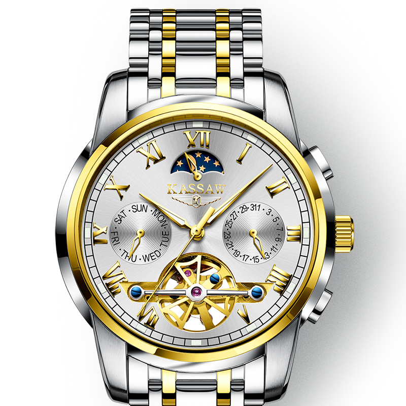 卡梭(KASSAW)镂空自动机械表男士手表时尚三眼罗马刻度男表防水休闲商务学生男生运动腕表K670G 间金白面