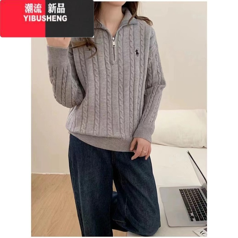 yibushengchic新款针织上衣女复古麻花半拉链慵懒风宽松百搭毛衣外套
