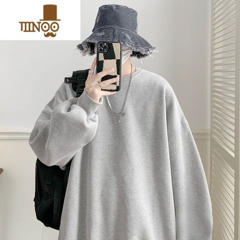 YANXU2023新款男生卫衣长袖上衣港风潮牌情侣男女装纯色圆领宽松卫衣 浅灰色 M