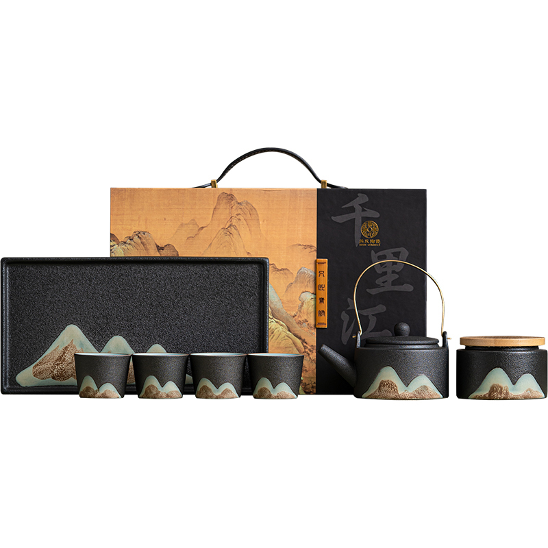 苏氏陶瓷(SUSHI CERAMICS)手绘彩画茶具提梁茶壶配精美干泡茶盘小茶叶罐7件功夫茶具套装礼盒装