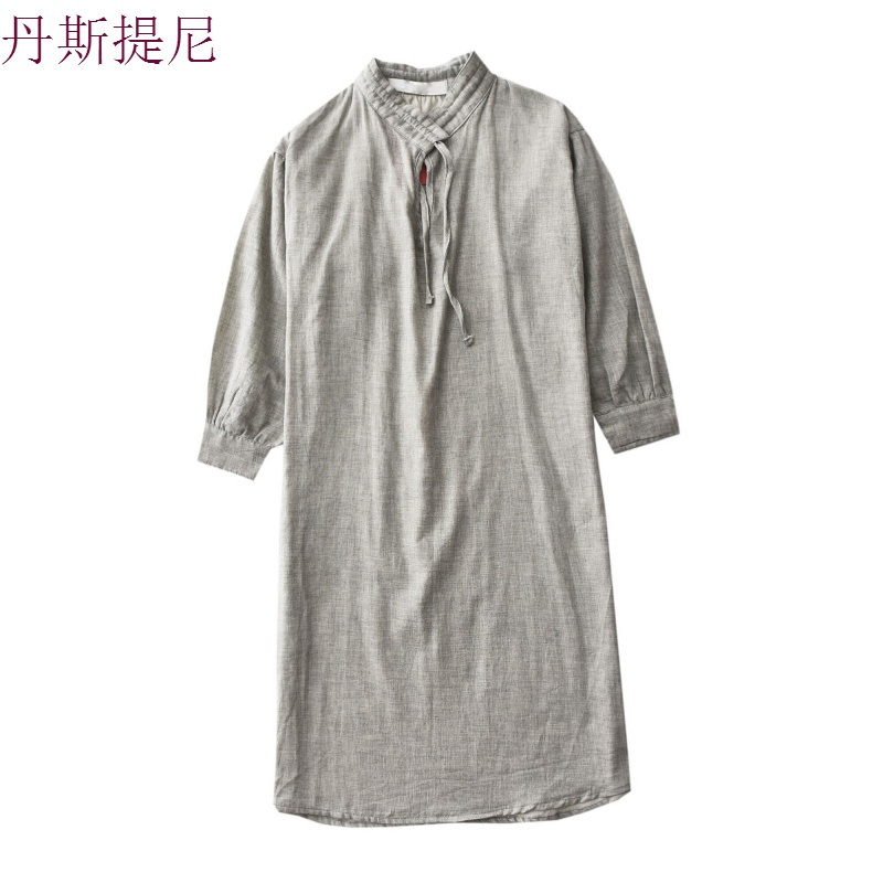 睡裙女夏长袖韩版长款薄睡衣春秋休闲简约纯棉麻布日系家居服
