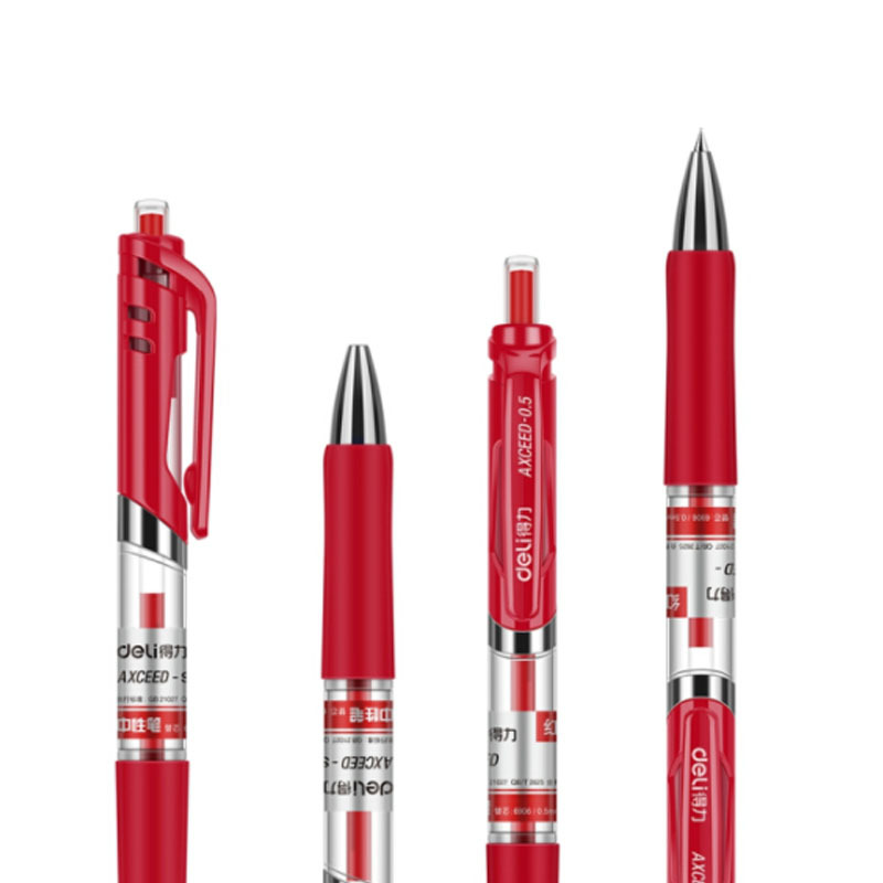 得力33388 按动中性笔签字笔黑色碳素水笔学生办公用品 0.5mm 12支红色