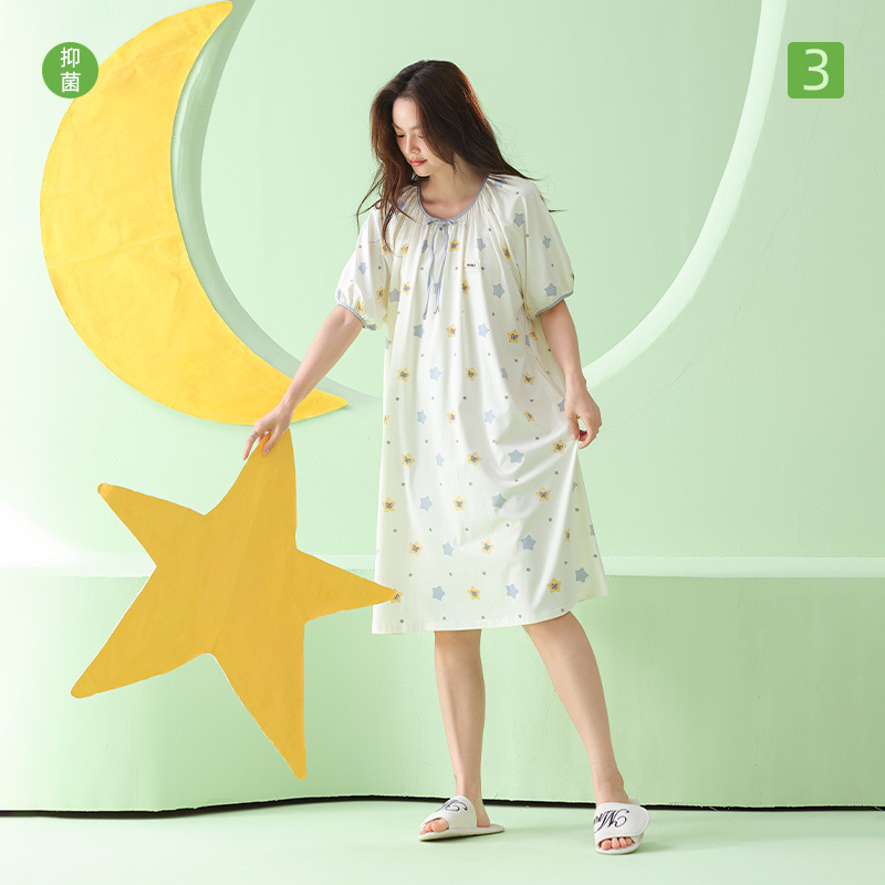 米奇喵【超柔软】莫代尔a类星星印花睡裙女夏宽松圆领短袖透气减龄居家 星星印花睡裙 尺码备注