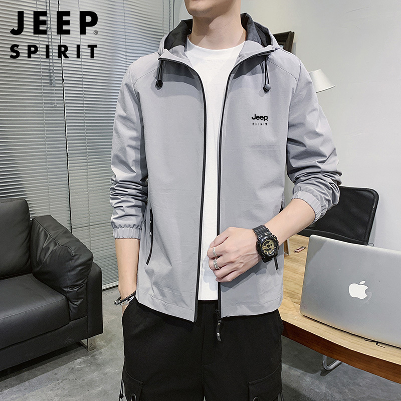 JEEP SPIRIT吉普春秋夹克大码轻质外套男商务休闲夹克衫上衣青年简约连帽防风衣服