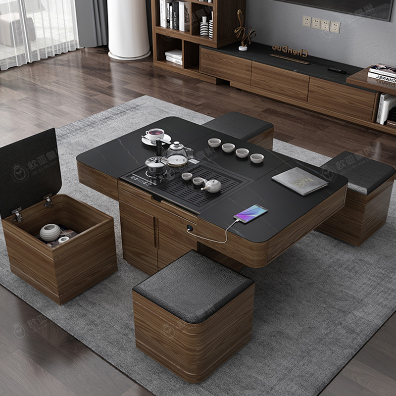 智能自动升降茶几烧水壶一体岩板茶台多功能功夫茶几客厅家用茶桌视频