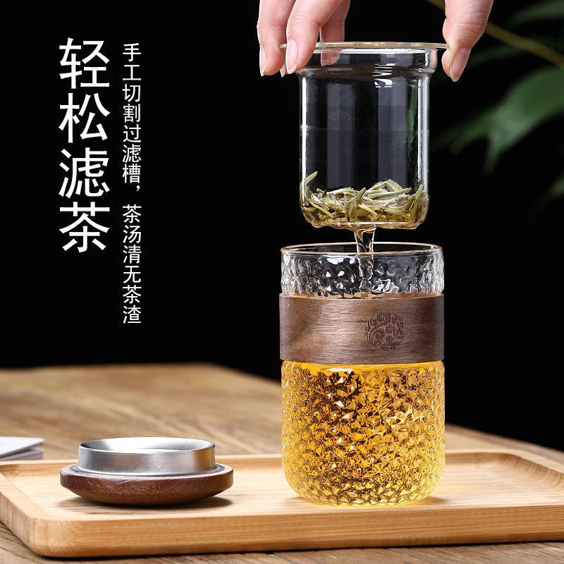 条纹杯 日式锤纹玻璃杯商用复古风加厚泡茶杯茶水分离带盖双层家用杯