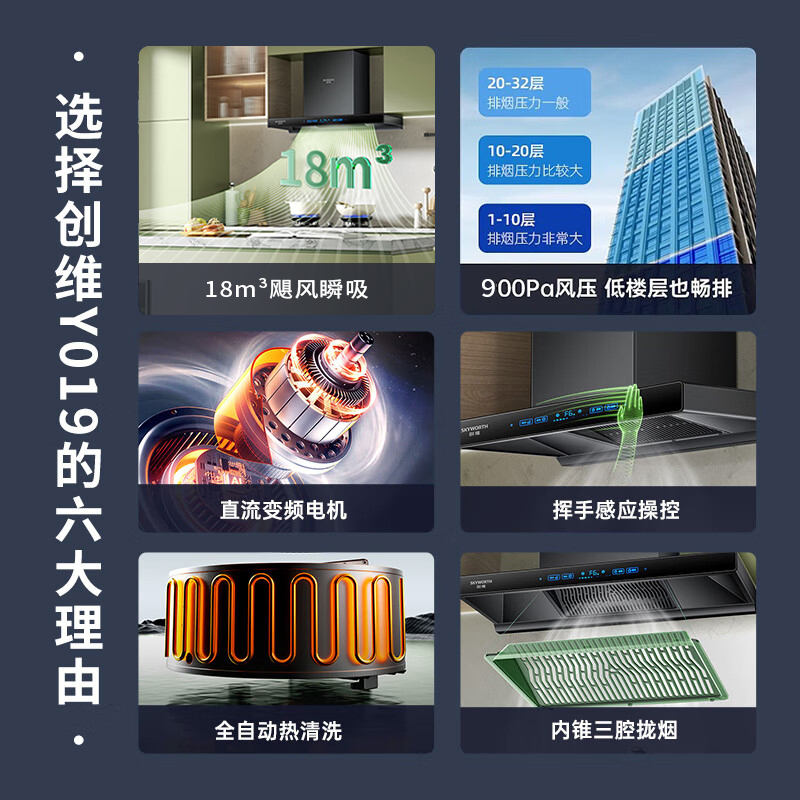 创维 抽吸油烟机灶具套装 顶吸排油烟机燃气灶套餐烟灶 900大尺寸家用自清洗挥手Y019+Z215B