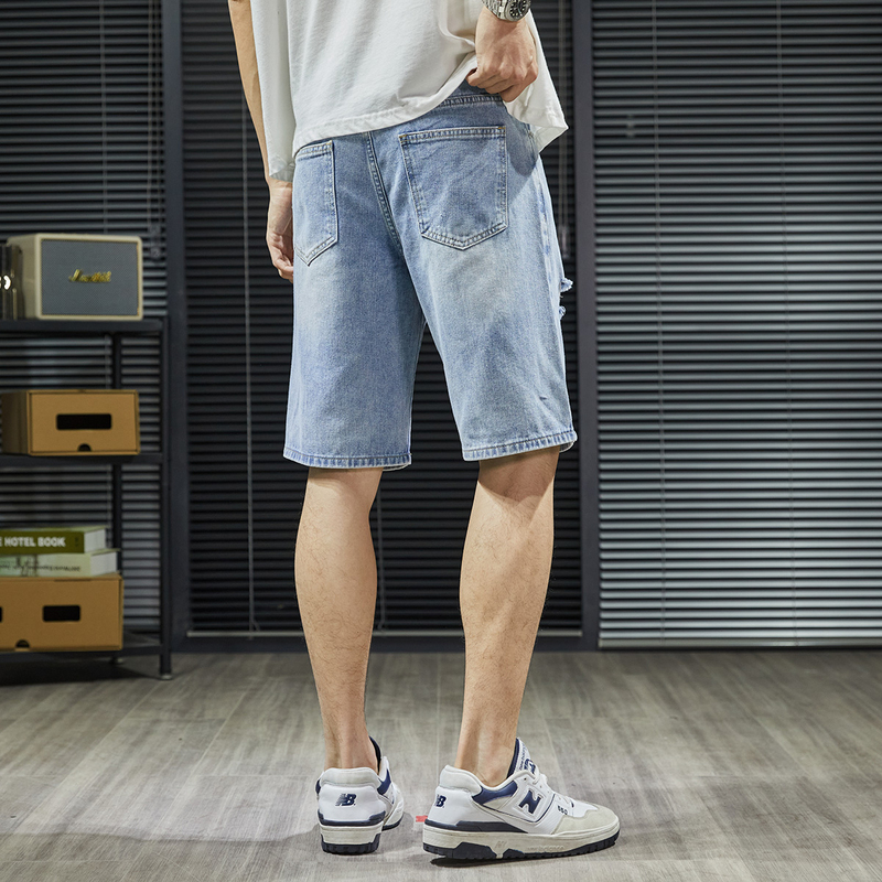 [1.5折价50元]唐狮夏季新款破洞牛仔短裤男浅色薄款直筒裤子美式高街潮牌WP