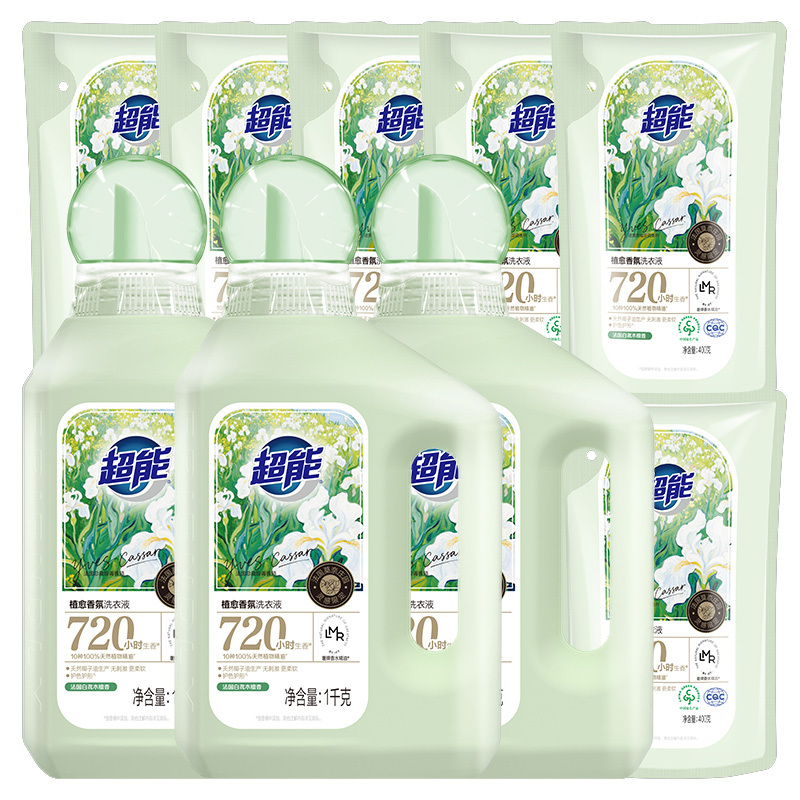 超能洗衣液1kg*3桶+400g*6袋植愈香氛款持久留香