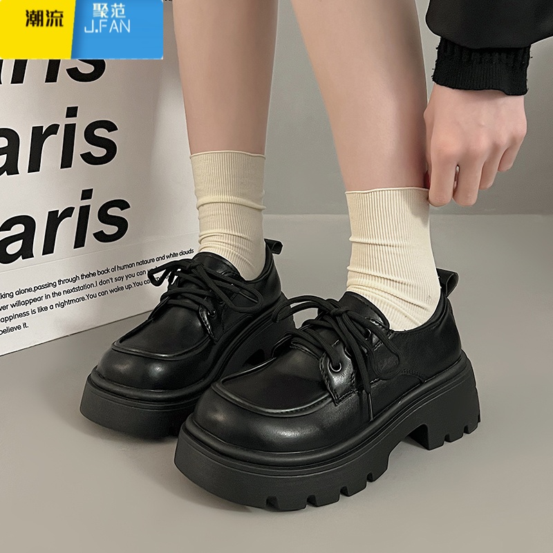 聚范小皮鞋女英伦风2024春季新款日系jk鞋圆头复古厚底系带配裙子单鞋 黑色 35