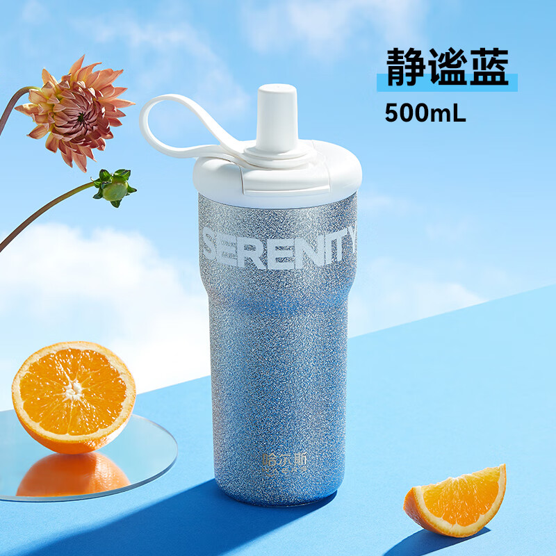 哈尔斯(HAERS)星耀保温杯600ML男女士大容量保温杯304不锈钢吸管杯纯真绿 500mL静谧蓝【抗菌精瓷内涂层】