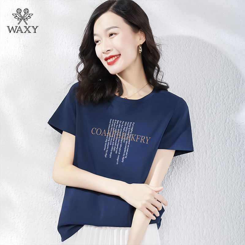 WAXY短袖t恤女夏季宽松字母印花纯棉体恤休闲女装跑步运动上衣女
