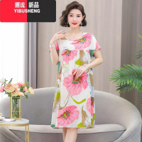 YIBUSHENG棉绸装新款中老年妈妈大码宽松短袖连衣裙女装人棉中长裙I 4XL建议145-165斤左右 162-短袖白荷花