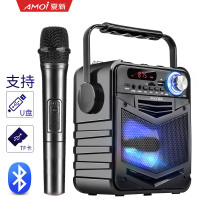 AMOI/夏新Q3户外蓝牙音箱广场舞音响手提超重低音炮便携式播放器迷你无线话筒K歌教学扩音移动时钟插卡充电收音机话筒版黑