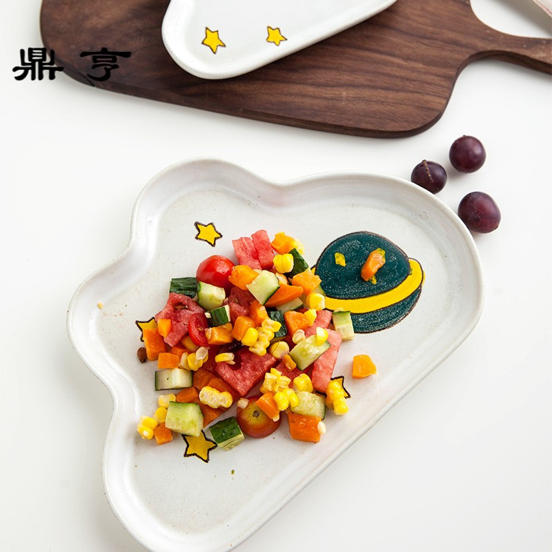鼎亨 日式手绘粗陶手绘餐盘 创意手绘盘子点心盘个性家用可爱云朵