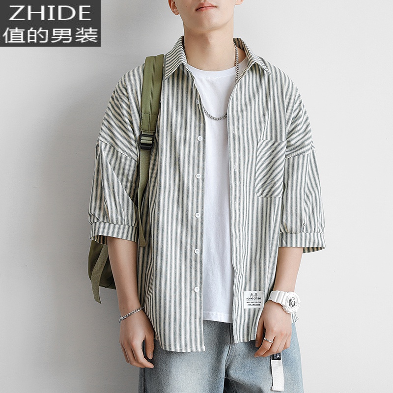 SUNTEK条纹衬衫男短袖夏季外套韩版潮流帅气休闲宽松dk制服七分袖衬衣潮衬衫高清大图