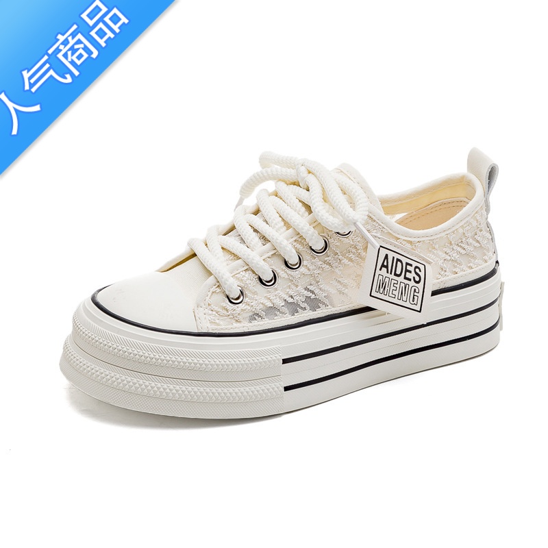 SUNTEK帆布鞋女2023新款夏季薄款透气蕾丝网面厚底增高小众休闲板鞋高清大图