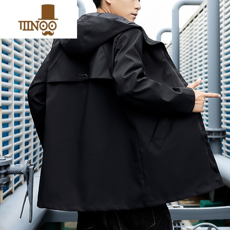 YANXU风衣男中长款新款韩版潮流连帽夹克男装青少年高中学生外套高清大图