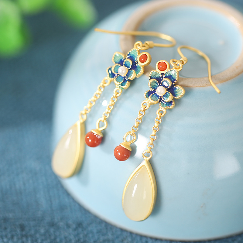 汉服古装耳环925纯银女民族风景泰蓝耳坠小众设计宫廷风田玉耳饰