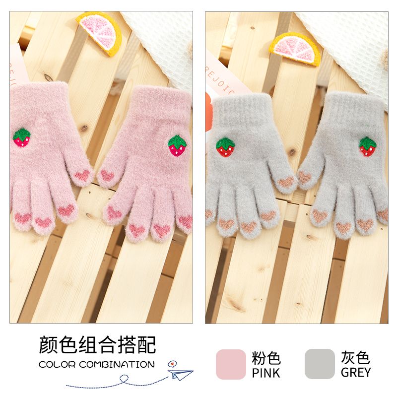 儿童手套冬季保暖女童可爱加绒加厚公主分指五指小学生写字少女孩 粉色+灰色 3-8岁