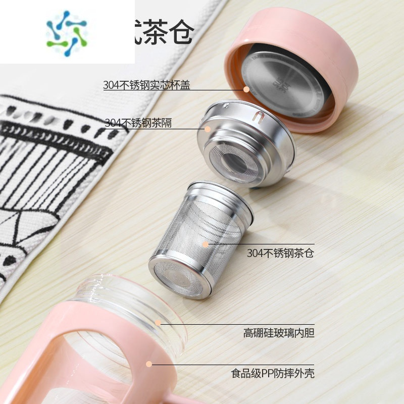 三维工匠茶水分离杯男女士个人新款带把手办公室家专用防热耐摔玻璃泡杯子 亮面蓝500ml+杯刷[茶水分离]酒具