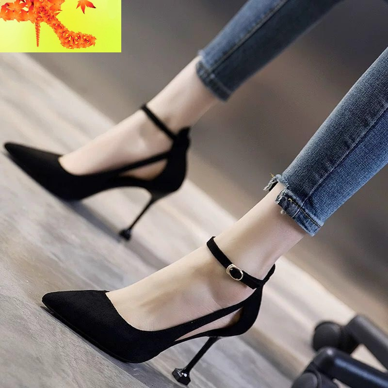 一字扣高跟鞋女2020春季新款百搭法式少女细跟鞋子床上性感单鞋女 简