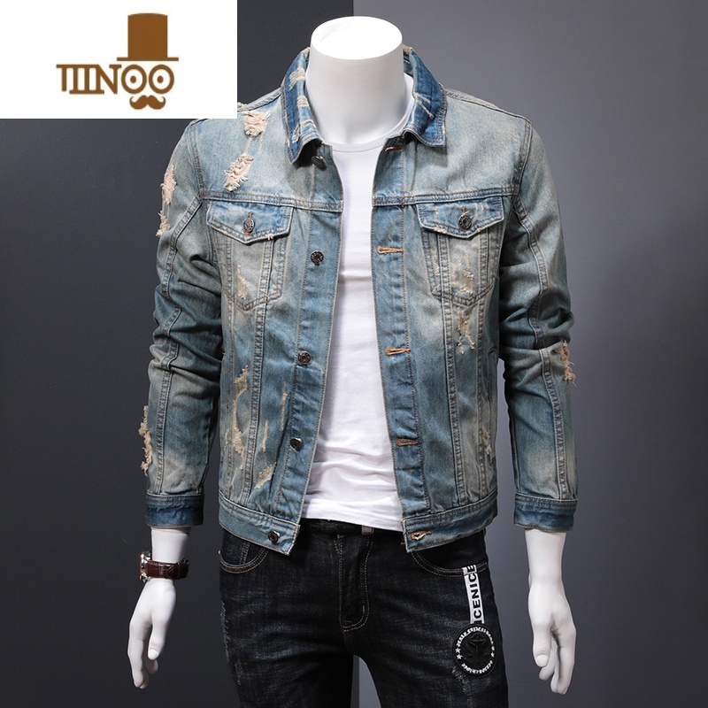 YANXU新款修身破洞牛仔外套男士牛仔褂上衣翻领夹克复古牛仔服 L N-UF35复古蓝