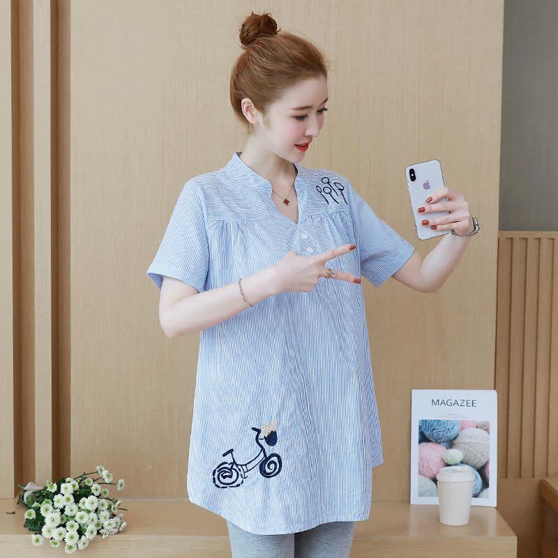 迪鲁奥(DILUAO)纯棉孕妇衬衫夏装大码上衣孕妇衬衣中长款OL职业装春装长袖女图片