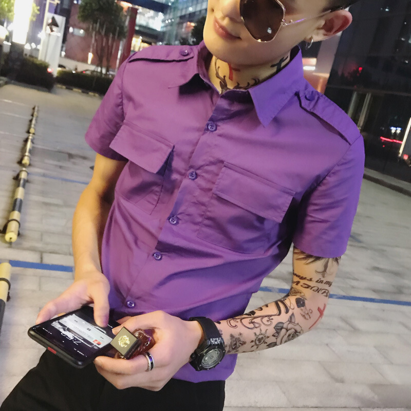 社会精神小伙短袖男士衬衫韩版潮流网红翻领衬衣2018夏季新款衣服