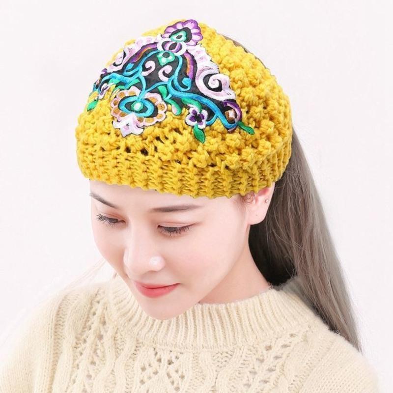 黄粉毛线发带遮白发手工帽子女民族风绣花头套中国风刺绣发饰原创头饰